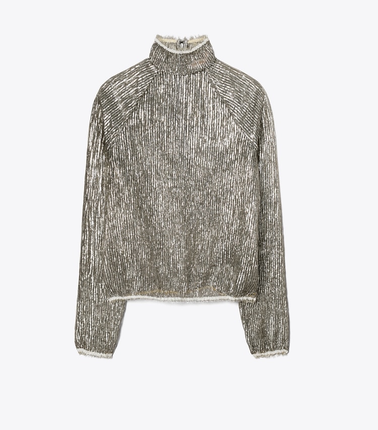 Tory Burch designer tops Crinkle Stripe Lamé Turtleneck in SILVER LAME front