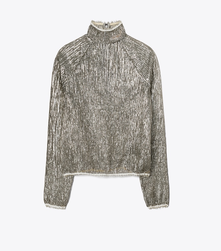 Tory Burch designer tops Crinkle Stripe Lamé Turtleneck in SILVER LAME front