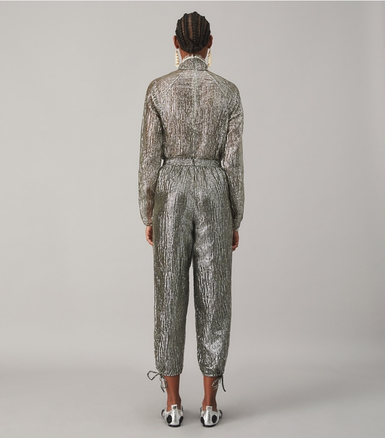 Tory Burch designer tops Crinkle Stripe Lamé Turtleneck in SILVER LAME front
