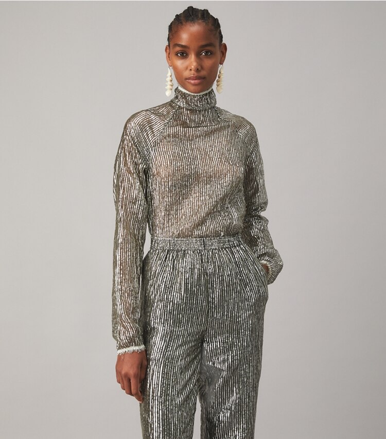 Tory Burch designer tops Crinkle Stripe Lamé Turtleneck in SILVER LAME on model detail