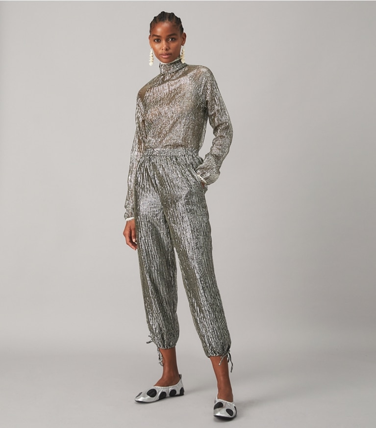 Tory Burch designer tops Crinkle Stripe Lamé Turtleneck in SILVER LAME front