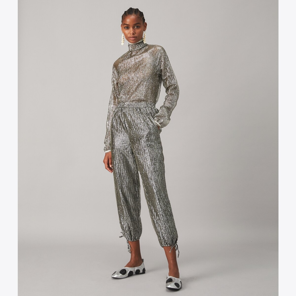 Crinkle Stripe Lamé Turtleneck: Women's Designer Tops | Tory