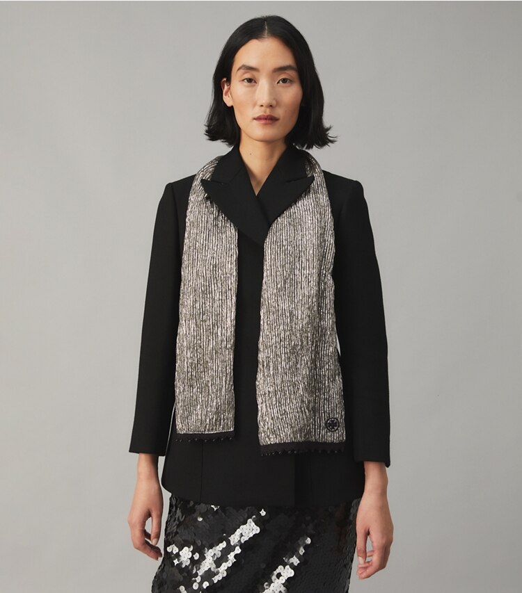 Tory Burch designer scarves Crinkled Lamé Smoking Bow Tie Scarf  in Silver accessory on model