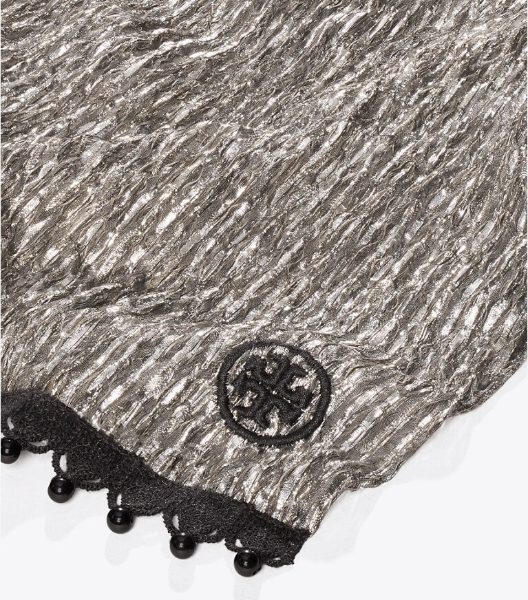 Tory Burch designer scarves Crinkled Lamé Smoking Bow Tie Scarf  in Silver overhead
