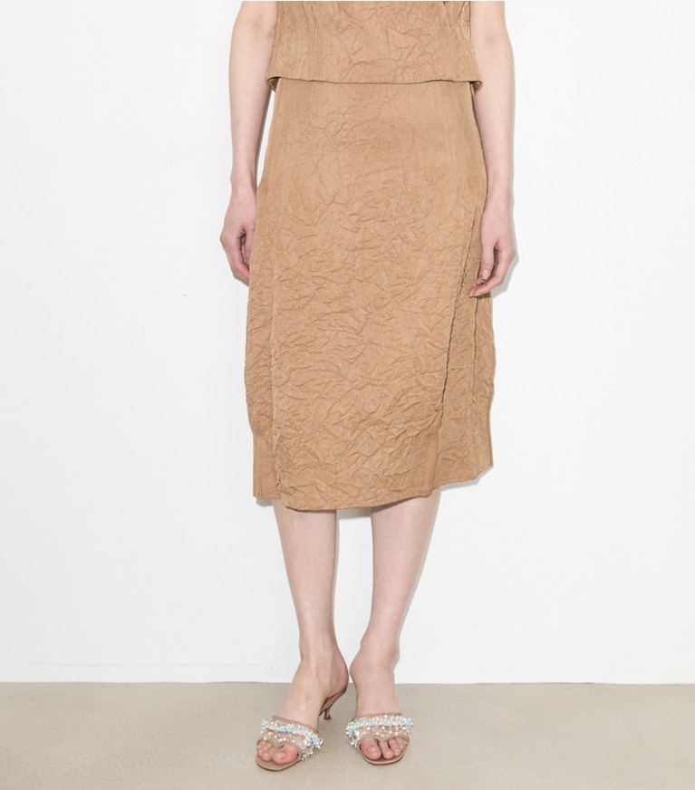 Tory Burch designer bottoms Crinkled Viscose Skirt in Taupe on model detail