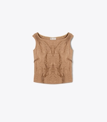 Tory Burch designer tops Crinkled Viscose Top in Taupe front