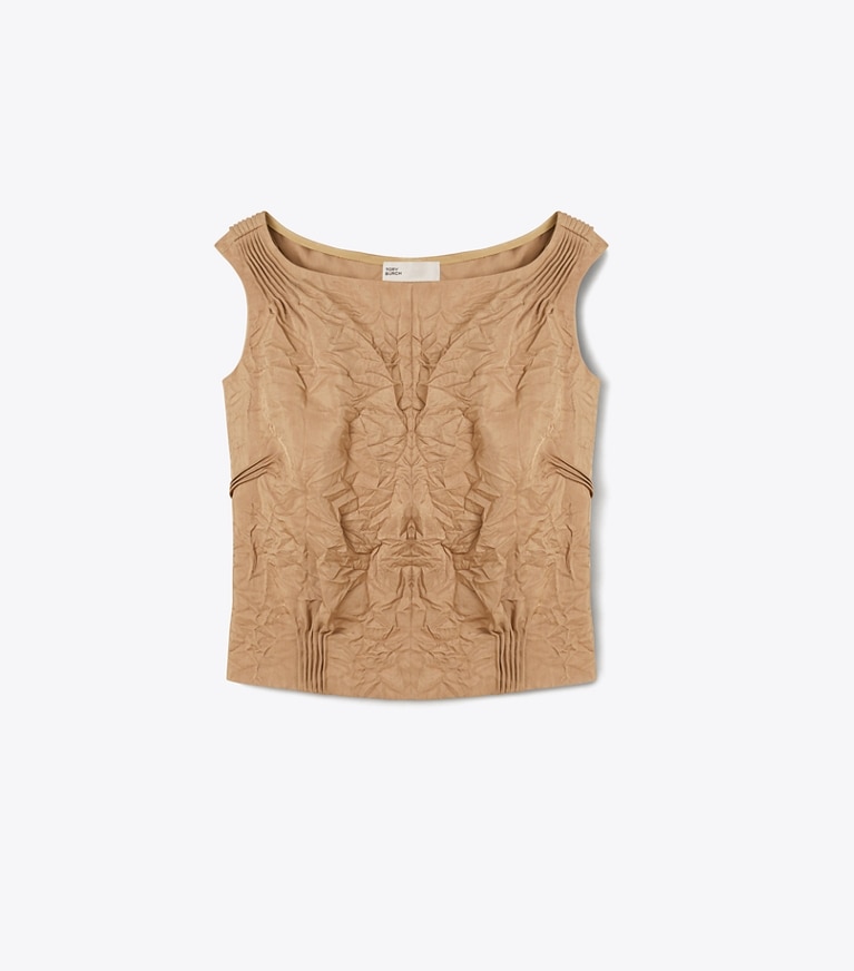 Tory Burch designer tops Crinkled Viscose Top in Taupe front