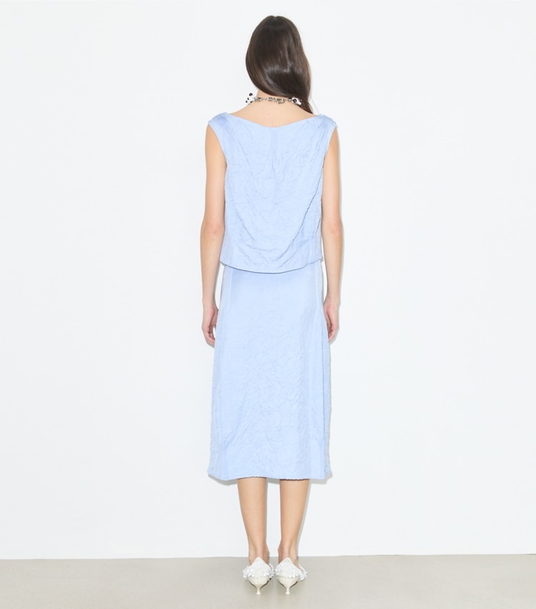 Tory Burch designer tops Crinkled Viscose Top in Cornflower on model back