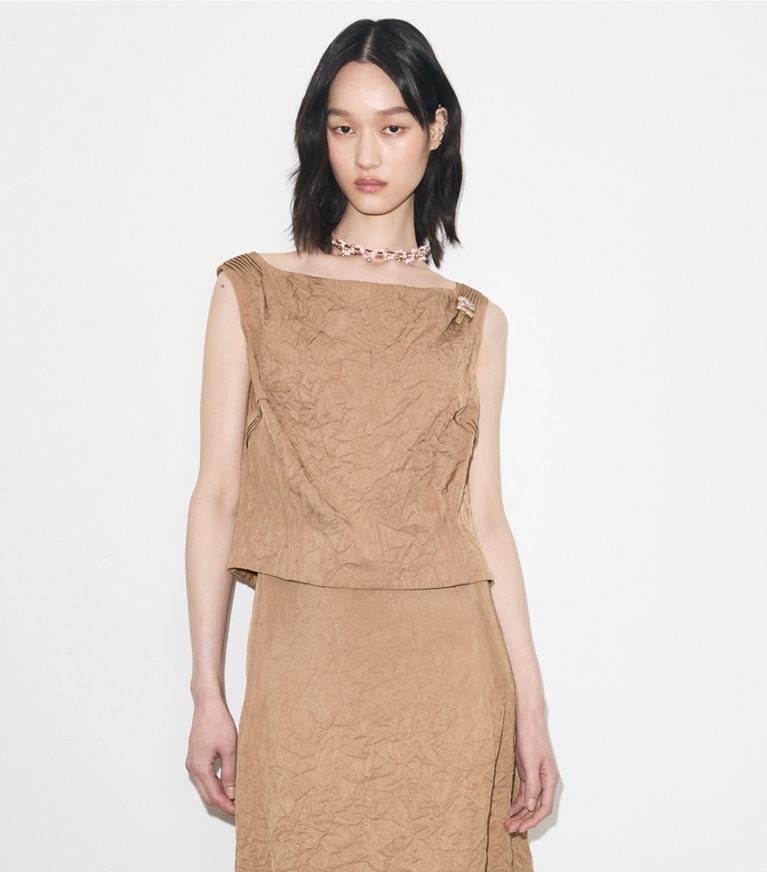 Tory Burch designer tops Crinkled Viscose Top in Taupe on model detail