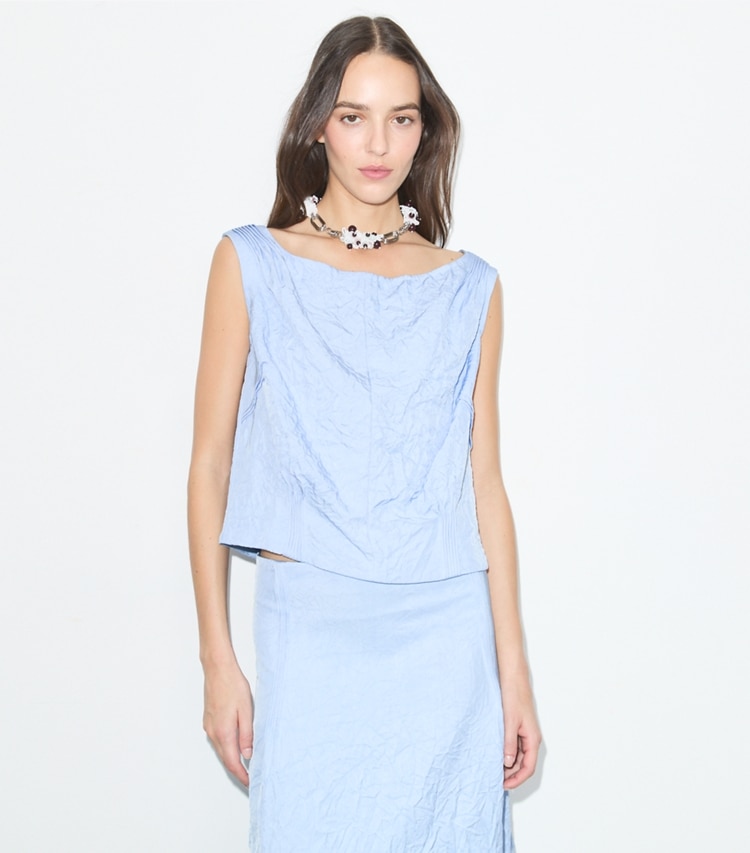 Tory Burch designer tops Crinkled Viscose Top in Cornflower on model detail