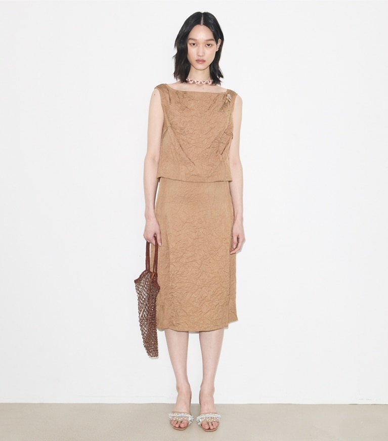 Tory Burch designer tops Crinkled Viscose Top in Taupe on model front