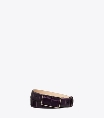 Tory Burch designer belts Croc Embossed Plate Belt in Pansy Purple front