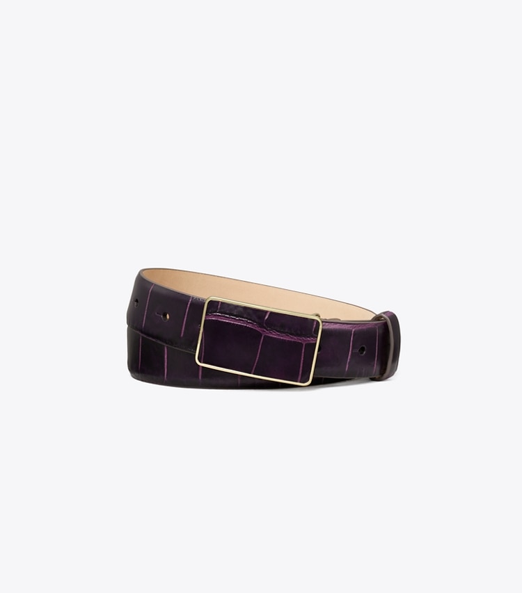 Tory Burch designer belts Croc-Embossed Plate Belt in Pansy Purple front