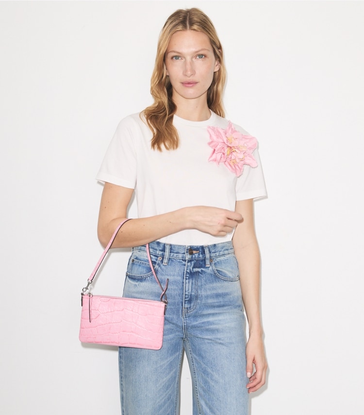Tory Burch designer shoulder bags Croc-Embossed Pochette in Rose Sunset accessory on model