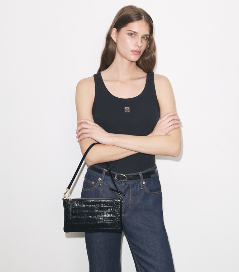 Tory Burch designer shoulder bags Croc-Embossed Pochette in Black accessory on model