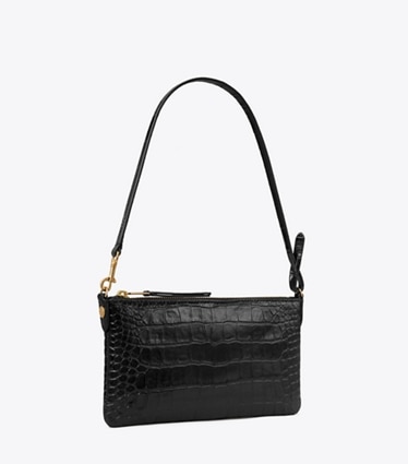 Tory Burch designer shoulder bags Croc-Embossed Pochette in Black angle