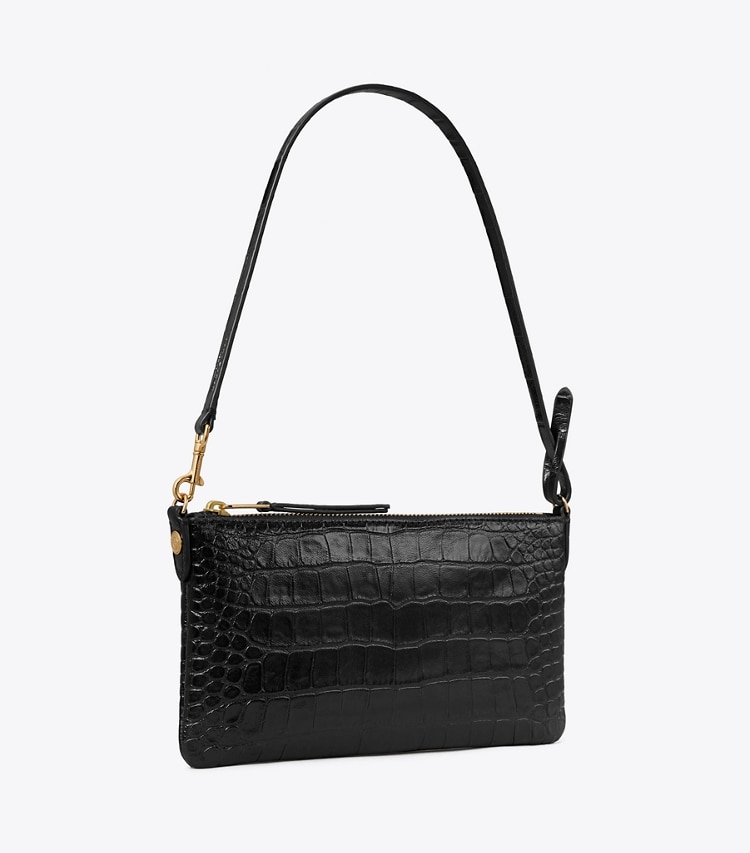Tory Burch designer shoulder bags Croc-Embossed Pochette in Black angle