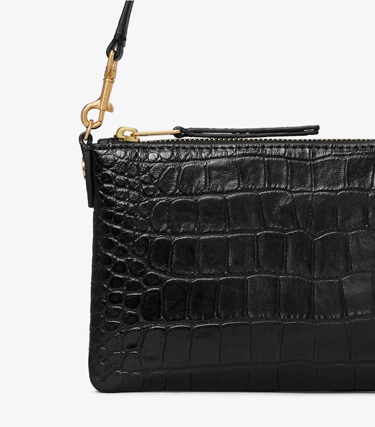 Tory Burch designer shoulder bags Croc-Embossed Pochette in Black detail