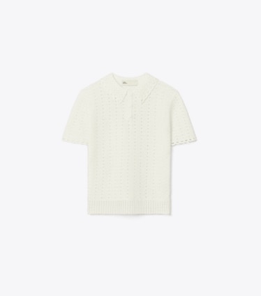 Tory Burch designer sweaters Crochet Cotton Polo in White front