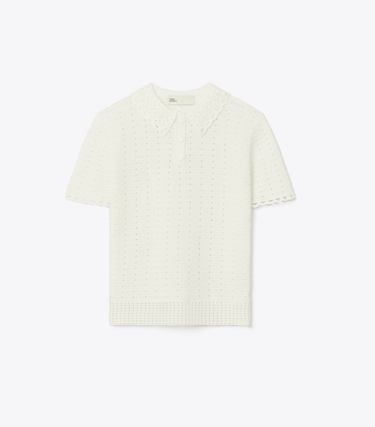 Tory Burch designer sweaters Crochet Cotton Polo in White front