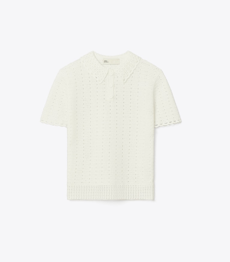 Tory Burch designer sweaters Crochet Cotton Polo in White front