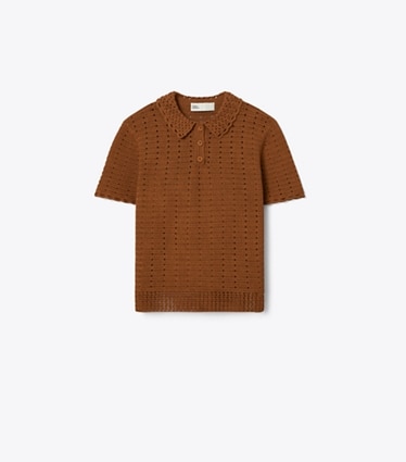 Tory Burch designer セーター クロシェ コットン ポロシャツ in Amaretto front