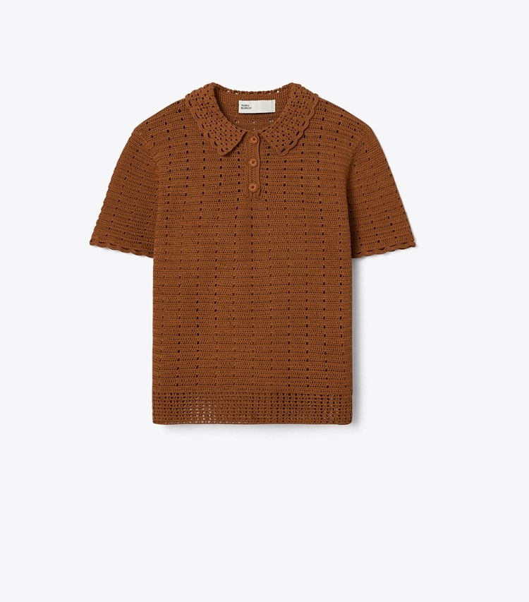 Tory Burch designer セーター クロシェ コットン ポロシャツ in Amaretto front