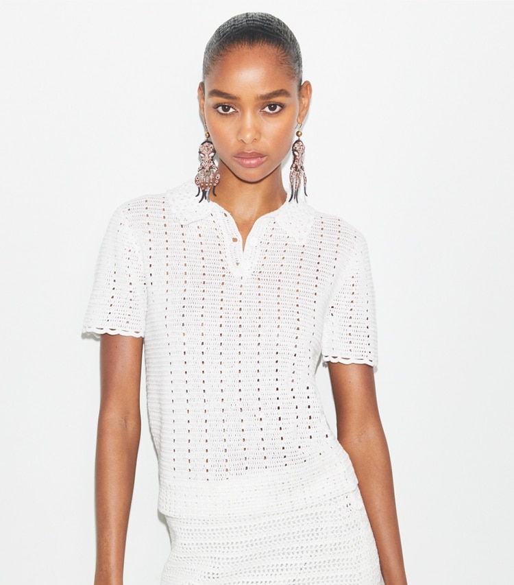 Tory Burch designer sweaters Crochet Cotton Polo in White on model detail