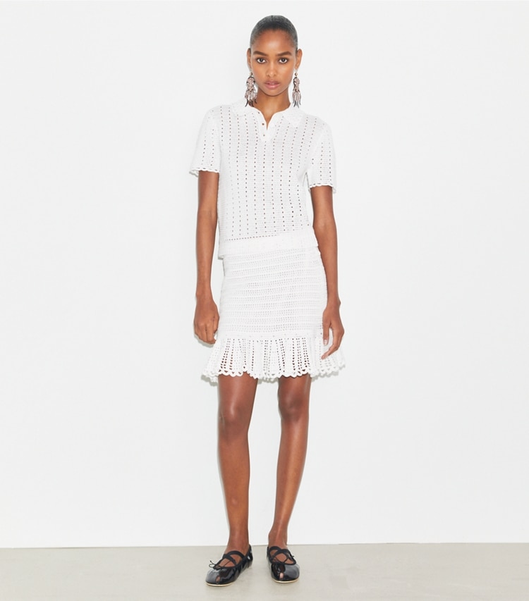 Tory Burch designer sweaters Crochet Cotton Polo in White on model front
