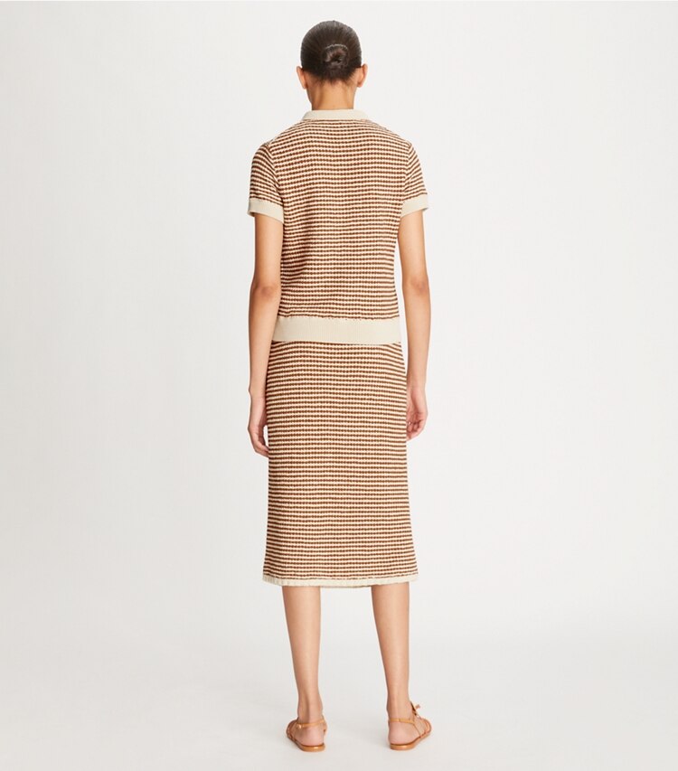 Tory Burch designer bottoms Crochet Knit Skirt in Medium Brown Sugar / French Cream on model back