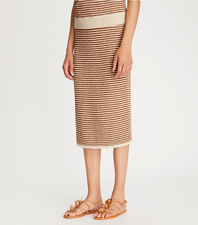 Tory Burch designer bottoms Crochet Knit Skirt in Medium Brown Sugar / French Cream front