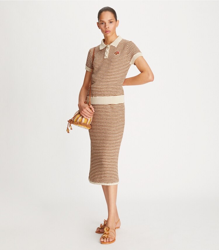 Tory Burch designer bottoms Crochet Knit Skirt in Medium Brown Sugar / French Cream on model front