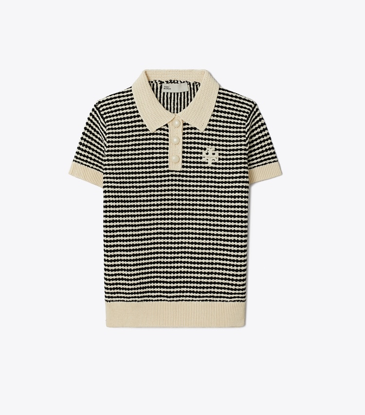 Tory Burch designer sweaters Crochet Polo in French Cream / Black front
