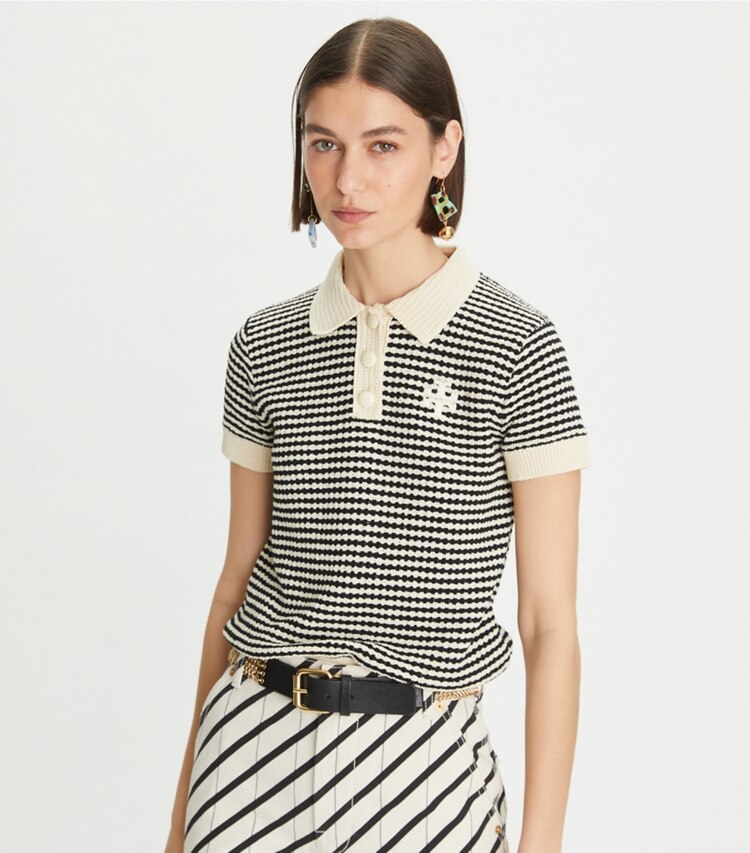 Tory Burch designer sweaters Crochet Polo in French Cream / Black on model detail