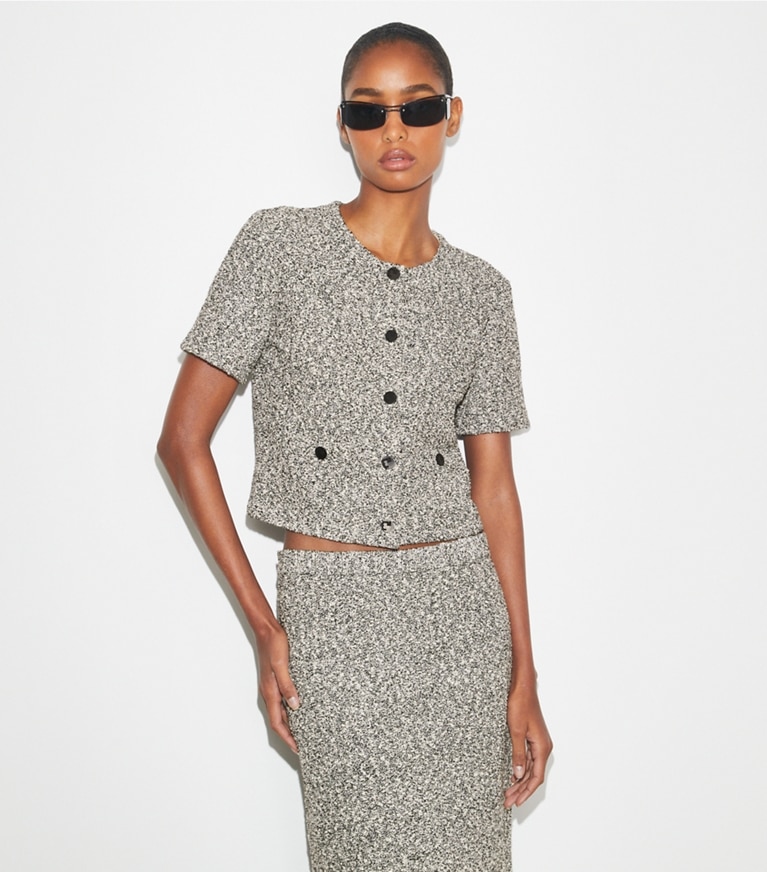Tory Burch designer strickware Crop-Cardigan aus Tweed in Black Truffle front