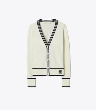 Tory Burch designer strickware Crop-Cardigan aus Wolle in White / Deep Navy front