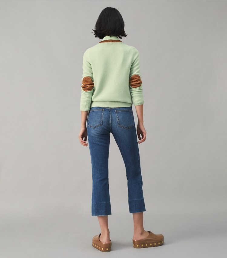 Tory Burch designer bottoms Cropped Boot-Cut Jean in Bright Blue Wash on model back