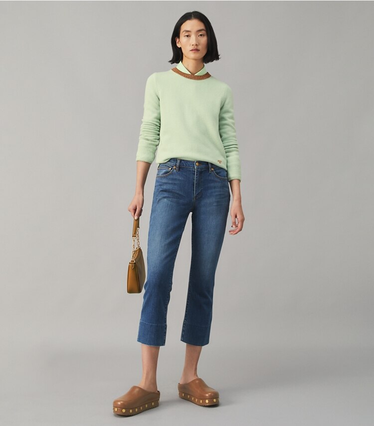 Tory Burch designer bottoms Cropped Boot-Cut Jean in Bright Blue Wash on model front
