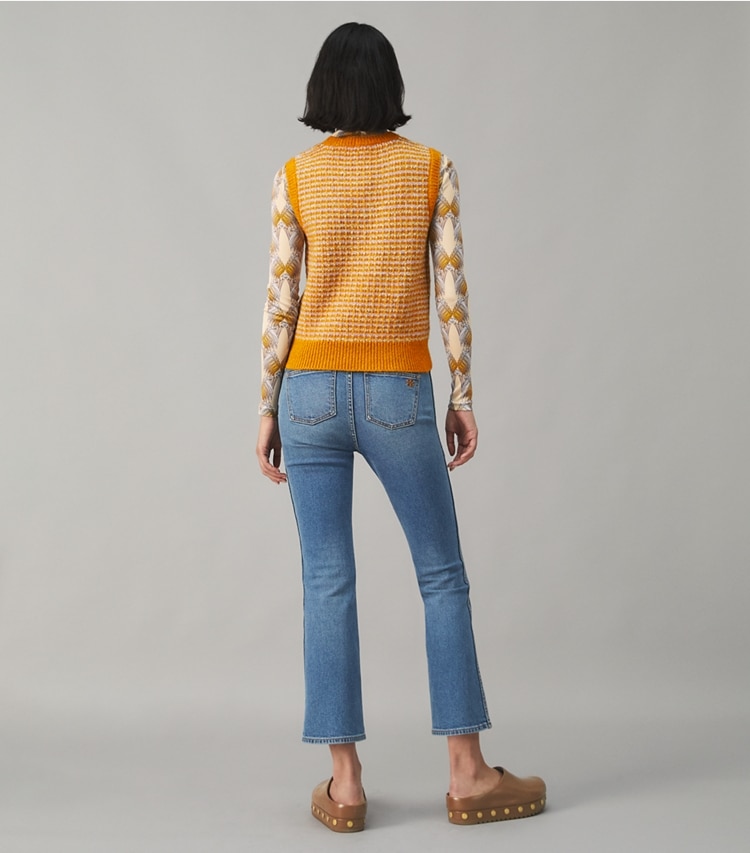 Tory Burch designer bottoms Cropped Boot-Cut Marble Jean in Anni Wash on model back