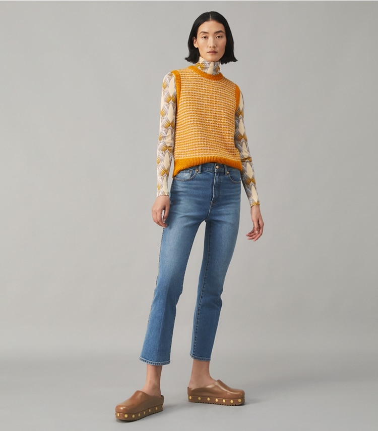 Tory Burch designer bottoms Cropped Boot-Cut Marble Jean in Anni Wash on model front