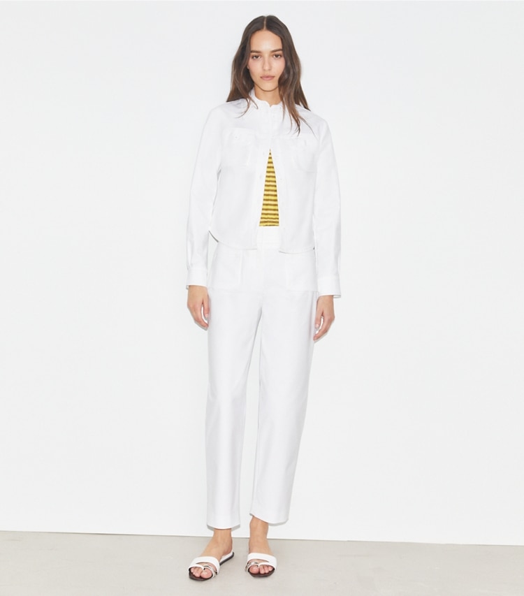 Tory Burch designer jackets Cropped Cotton Jacket in White on model front
