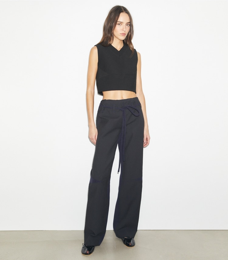 Tory Burch designer tops Cropped Cotton Top in Black on model front