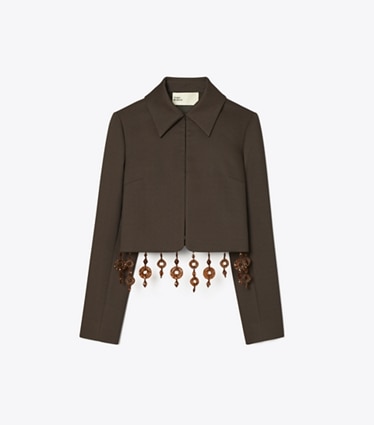 Tory Burch designer jackets Cropped Crepe Jacket in Dark Mocha front