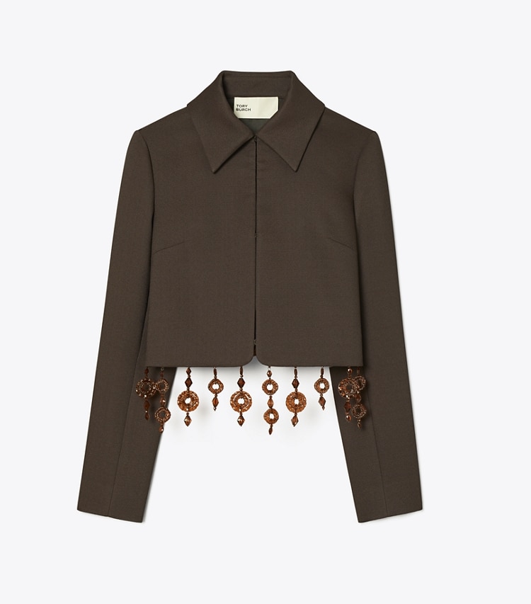 Tory Burch designer jackets Cropped Crepe Jacket in Dark Mocha front