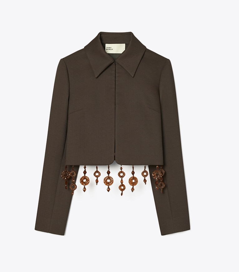 Tory Burch designer jackets Cropped Crepe Jacket in Dark Mocha front