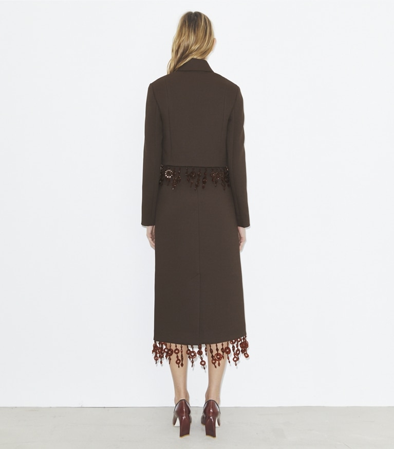 Tory Burch designer jackets Cropped Crepe Jacket in Dark Mocha front
