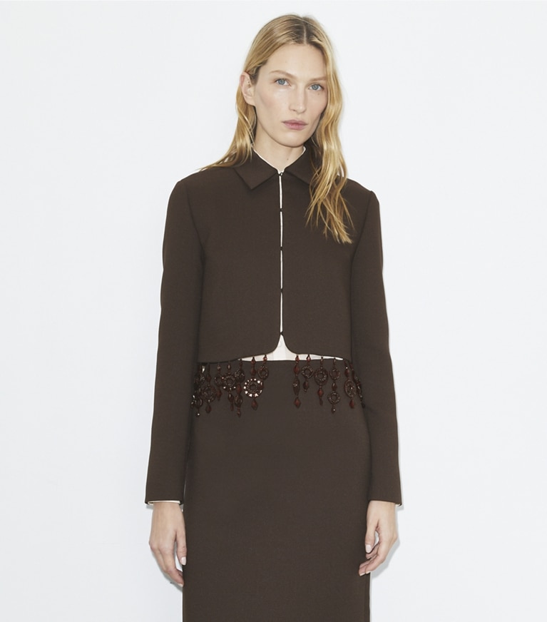 Tory Burch designer jackets Cropped Crepe Jacket in Dark Mocha front