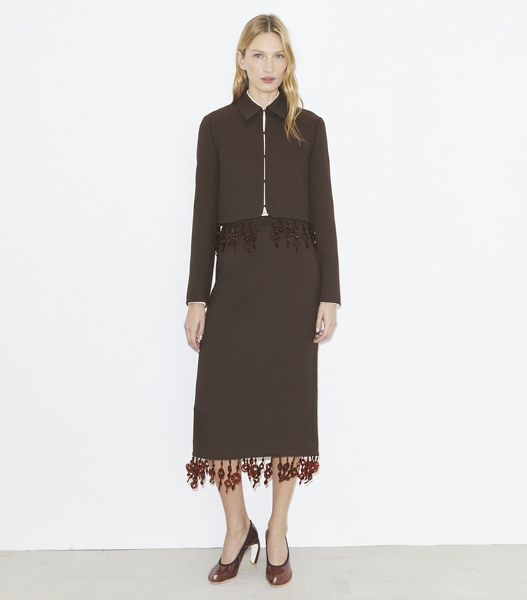 Tory Burch designer jackets Cropped Crepe Jacket in Dark Mocha on model front