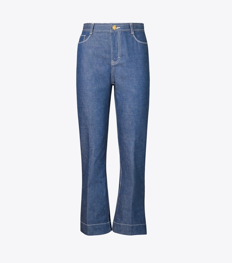 Tory Burch designer bottoms Cropped Denim Jean in UNWASHED RINSE front