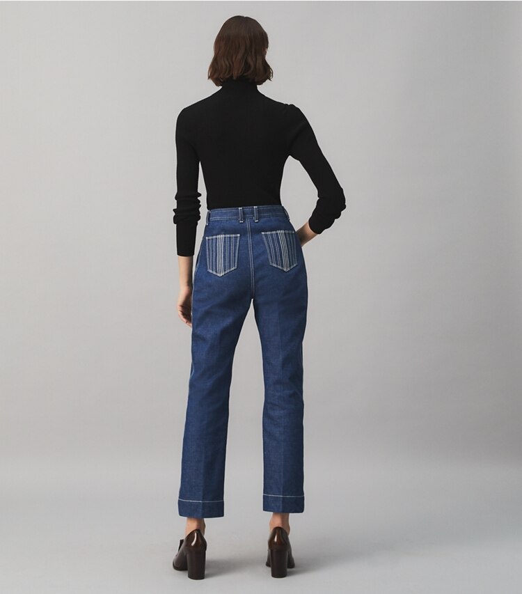 Tory Burch designer bottoms Cropped Denim Jean in UNWASHED RINSE on model back